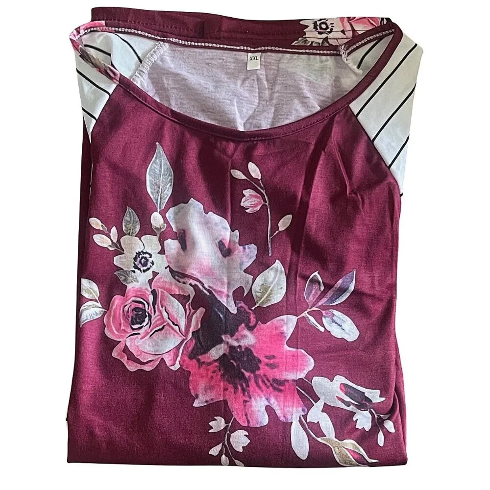 Women's Burgundy Floral Raglan Long Sleeve Top Plus Size T-Shirt Blouse 26W/2XL - Picture 7 of 7